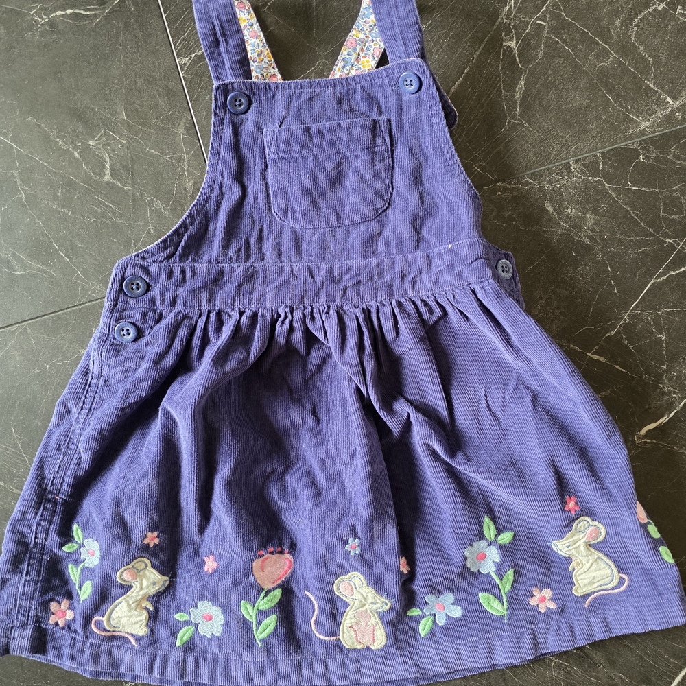 Purple Corduroy Pinafore Dress with Embroidered Animals